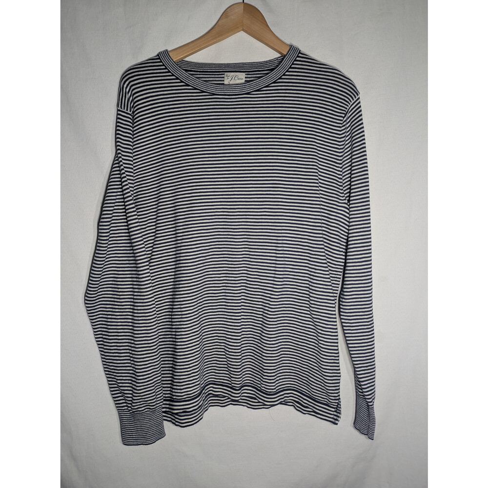 J Crew Womens Knit Pullover Striped Crewneck Sweater Sz L Cream Navy Split hem‎